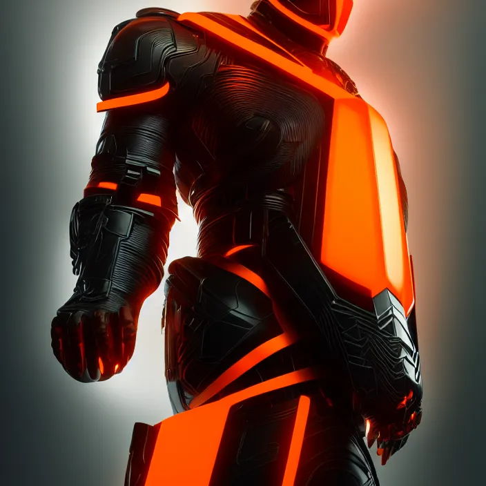 Image similar to a vertical portrait of a character in a futuristic room, black and orange armor, highly detailed, render, vray, octane, realistic lighting