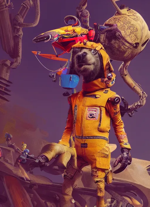 Image similar to cartoon, detailed full body concept art, illustration matte painting, an anthropomorphic capybara pilot in full intricate colorful clothing, ultra detailed, digital art, octane render, 4K, dystopian, biomutant, micro details