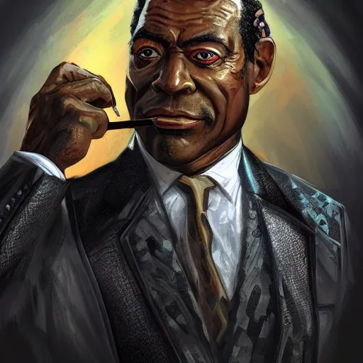 Image similar to a portrait of a muscular older black man with cornrows and a suit with a monocle on, D&D, sci-fi, elegant, hopeful, muscular, highly detailed, digital painting, artstation, concept art, smooth, sharp focus, illustration