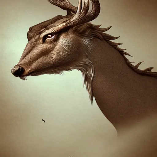 Image similar to hybrid between deer and dragon, profile, fantasy, extremely detailed, nature photography, artstation