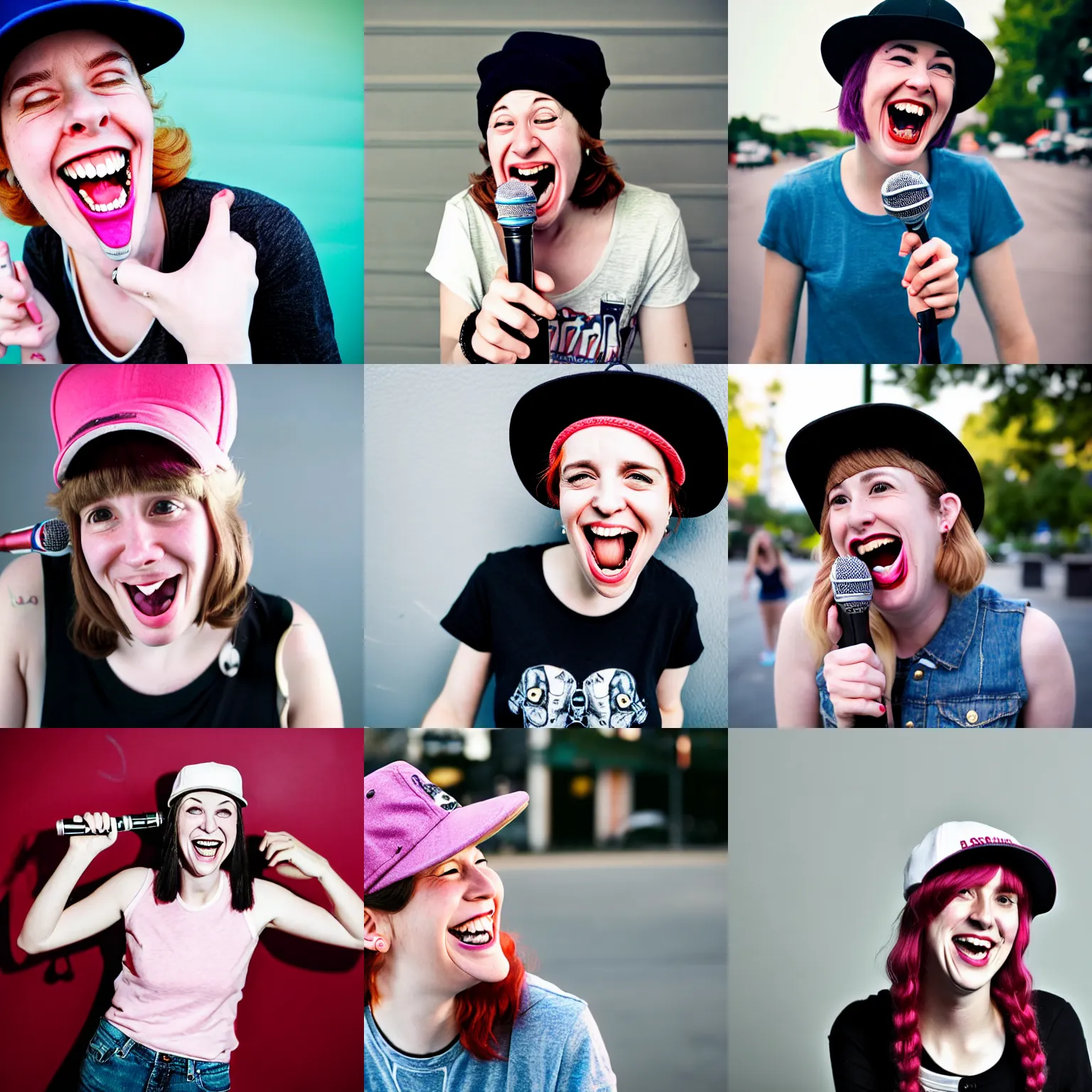 Prompt: an attractive 3 0 year old female comedian with skatepunk style and flatbrim hat holding a microphone in her right hand, laughing, pale beautiful skin, no makeup, tomboy, a photograph by jane freilicher, tumblr contest winner, lowbrow, adafruit, lighthearted, contest winner