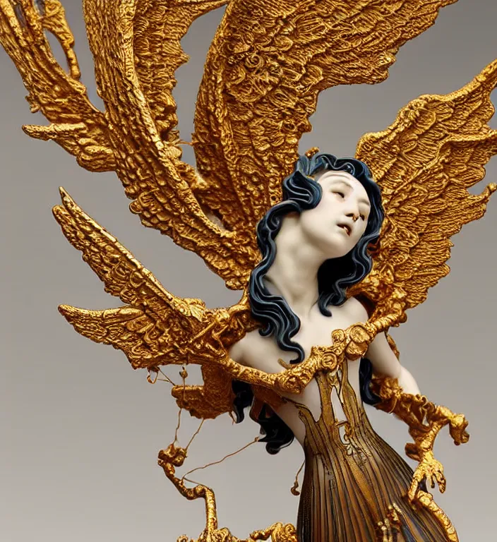 Image similar to gothic angel falling from heaven, A Close up photo-real delicate ceramic porcelain sculpture of a symmetrical ornate detailed in front of an intricate background by Victo Ngai and takato yamamoto, micro detail, backlit lighting, golden ratio, face in focus, subsurface scattering, translucent, art deco, octane renderer, colorful, physically based rendering, gold leaf mural