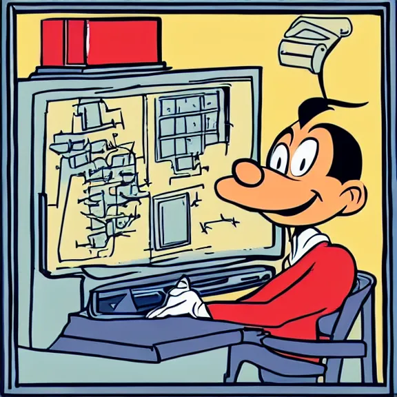 Image similar to walt disney illustration of a man frustrated with a computer