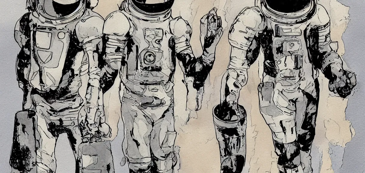 Image similar to male, full body, space suit with a modern helmet, character sheet, block shapes, science fiction, very stylized, character design, pen and ink, digital painting, watercolor wash, by mike mignola, by alex maleev, jean giraud