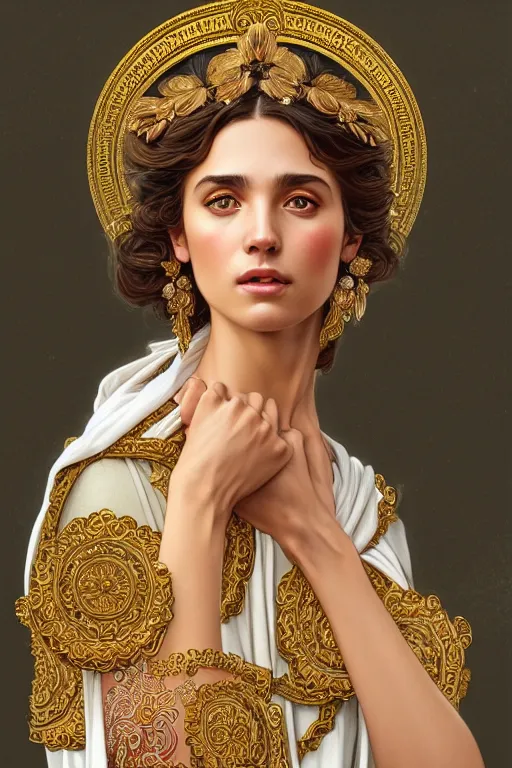 Image similar to portrait of beautiful greek goddess, wearing an ornate toga with intricate floral patterns, by terry o'neill intricate, elegant, highly detailed, digital painting, glistening skin, artstation, concept art, smooth, sharp focus, bold lighting, illustration, art by artgerm and greg rutkowski and alphonse mucha, 8 k