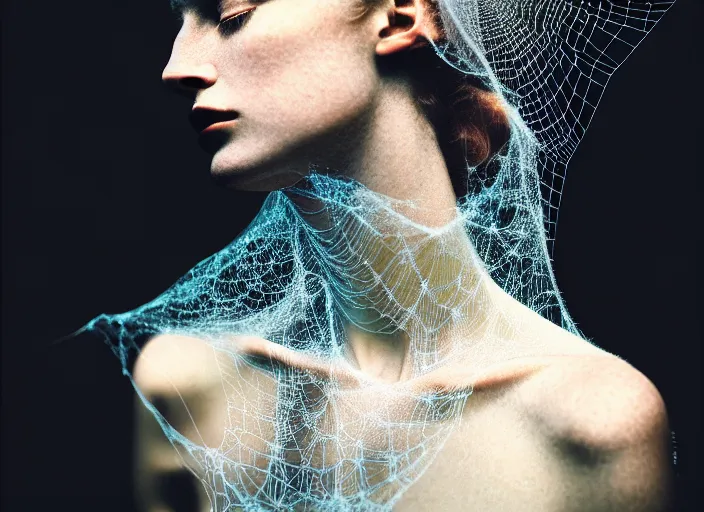 Image similar to Kodak Portra 400, 8K, soft light, volumetric lighting, highly detailed, britt marling style 3/4 , fine art portrait photography of a beautiful woman by Paolo Roversi, face and body merging with luminescent spiderwebs, symbolic metamorphosis complex 3d render , 150 mm lens, art nouveau fashion embroidered,bust with intricate details, elegant, hyper realistic, ultra detailed, octane render, underwater soft colours, emotionally evoking, head in focus, fantasy, elegant, soft blur background light, volumetric lighting, highly detailed, Refined, Highly Detailed, soft lighting colors scheme, fine art photography, Hyper realistic, photo realistic