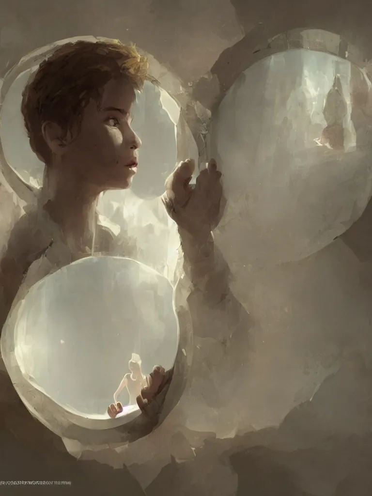 Prompt: i see myself in the broken mirror by disney concept artists, blunt borders, rule of thirds, golden ratio, godly light