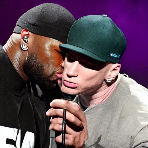 Image similar to 5 0 cent and eminem kissing on stage