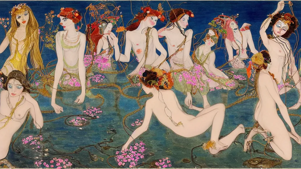 Image similar to prompt: 7 beautiful girls in lake with shining face painted by Leon Bakst, bug tiger in the middle, nymph in the water performing alchemy, cyborg and robot broken lying around the nymphs, small flowers and cables and wire around and on the side with artifacts and ancient book, intricate oil painting, high detail, Neo-expressionism, gnarly details