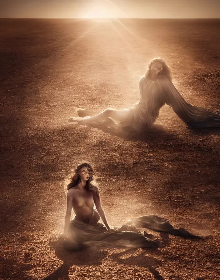 Image similar to realistic photo of Medusa like a beautiful woman in style of Peter Lindbergh, sitting in the middle of a desert, volumetric light, cinematic color lighting