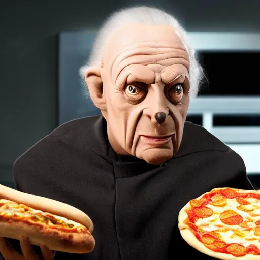 Image similar to A still of Emperor Palpatine making a pizza in Masterchef, 4k, photograph, ultra realistic, highly detailed, professional lighting