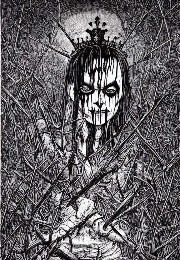 Prompt: man wearing corpse paint and a crown on thorns with long black hair, holding a knife, tears of blood. Wide shot at night. Detailed artwork by Junji Ito and dan Mumford