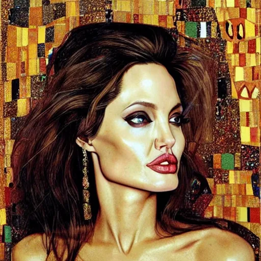 Image similar to an amazing award winning photo of angelina jolie as of adele bloch - bauer by gustav klimt