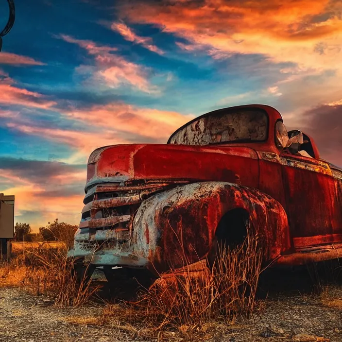 Image similar to a sunset light landscape with historical route 6 6, lots of sparkling details and sun ray ’ s, blinding backlight, smoke, volumetric lighting, colorful, octane, 3 5 mm, abandoned gas station, old rusty pickup - truck, beautiful epic colored reflections, very colorful heavenly, softlight