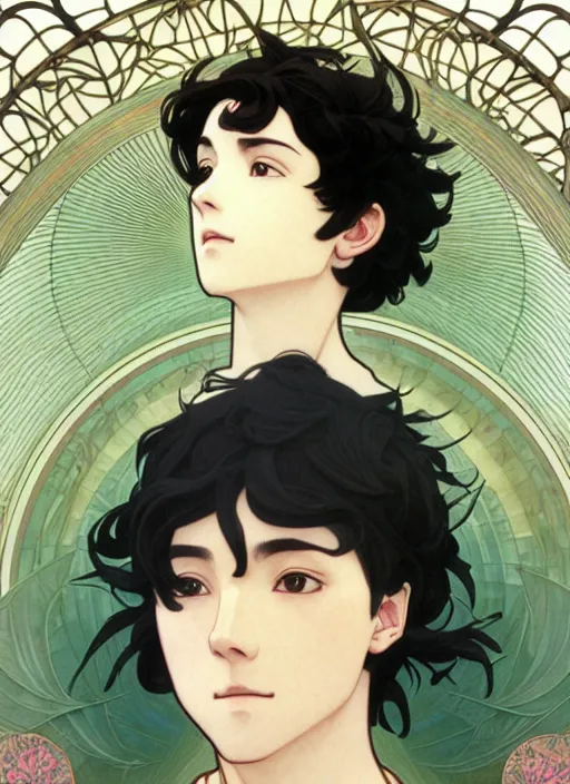 Image similar to pretty young man with short black hair, male, half body shot, path traced, highly detailed, high quality, digital painting, by studio ghibli and alphonse mucha, leesha hannigan, hidari, art nouveau, chiho aoshima, posuka demizu