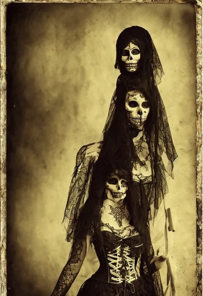 Image similar to tintype full body view, woman religous veil, dia de muertos dress and make up, corset garters and stockings, horrific beautiful vibe, evocative, atmospheric lighting, painted, intricate, highly detailed,