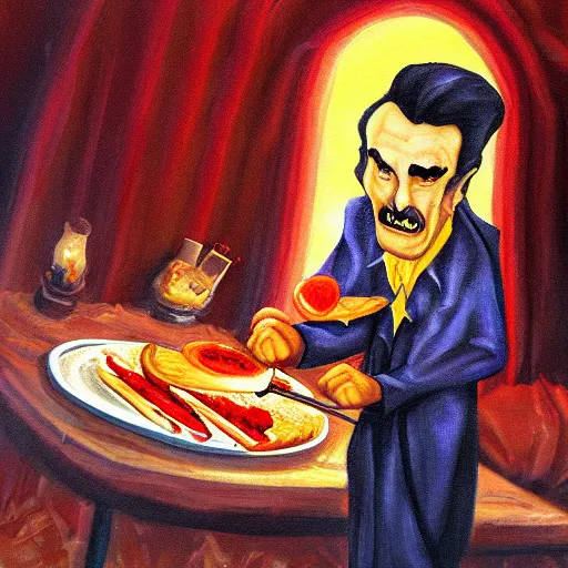 Prompt: time lapse painting of dracula cooking pizza