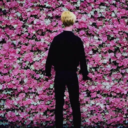 Image similar to kodak portra 4 0 0 photograph of a skinny blonde goth guy standing in front of floral wall, back view, moody lighting, telephoto, 9 0 s vibe, blurry background, vaporwave colors, faded!,