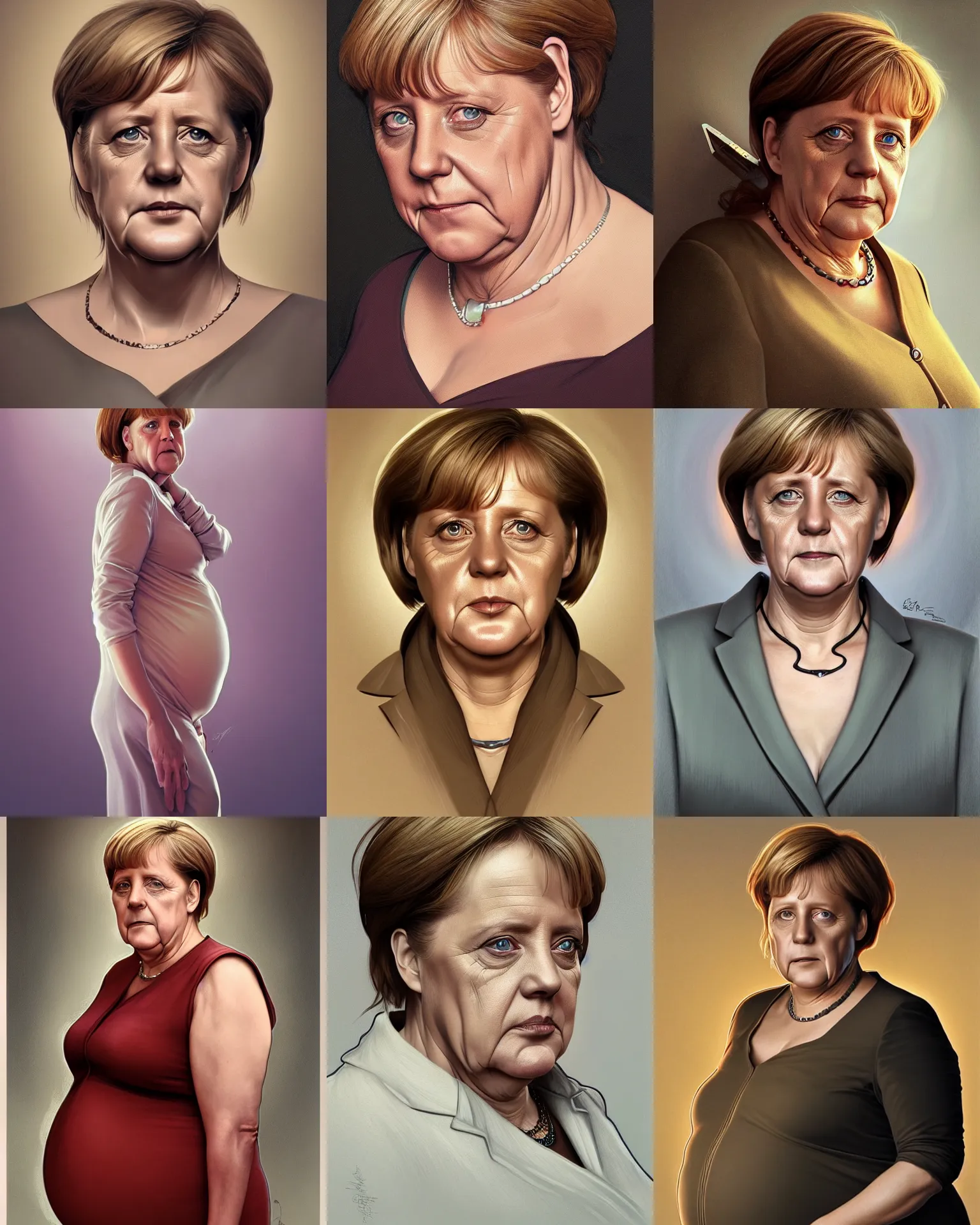 Prompt: pregnant angela merkel, realistic portrait, symmetrical, highly detailed, digital painting, artstation, concept art, smooth, sharp focus, illustration, cinematic lighting, art by artgerm and greg rutkowski and alphonse mucha