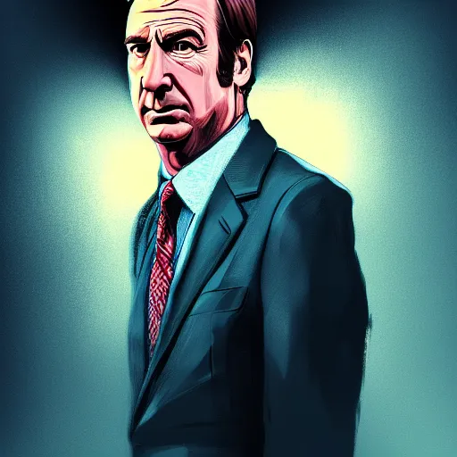 Prompt: high detail illustration, portrait of Saul Goodman, backlight, atmospheric, cold colors, trending on artstation