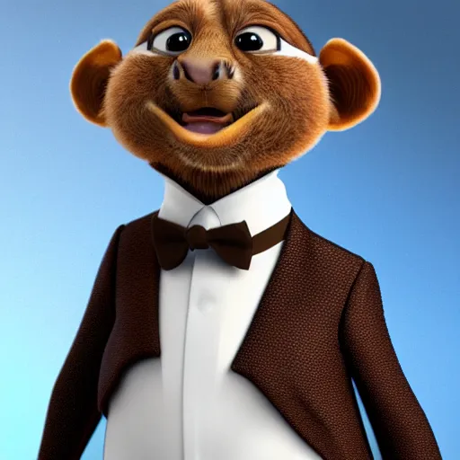 Image similar to brown marmot in a tuxedo while holding a pencil looks to the camera, pixar character, digital art, 3 d rendered in octane, blender, maya, shadows, lighting, cute