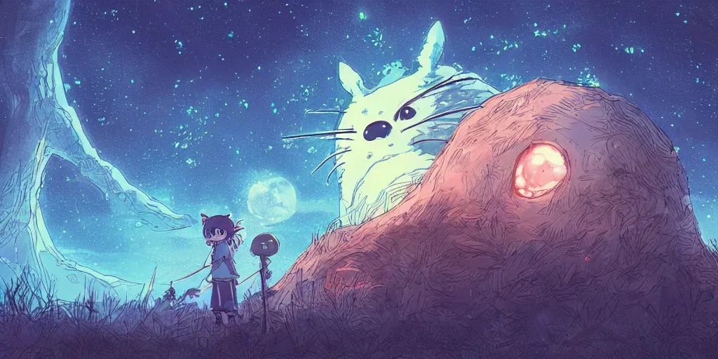 Image similar to glowing wireframe totoro, forest god of princess mononoke, mountain landscape, night sky, digital art, digital painting, celestial, majestic, colorful