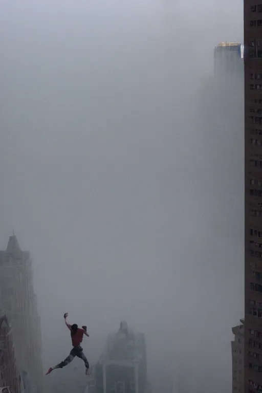 Image similar to a man jumping from a building in New York, dust explosion fog