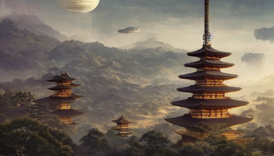 Image similar to a giant alien ufo high tech spaceship eerily hovering on ancient kyoto city landscape with beautiful pagodas by greg rutkowski, artgerm, ross tran, magali villeneuve, intricate, time travel theme, audince in awe, spectacle, audience sorrounding, award winning, octane render, masterpiece, 8 k, beautiful