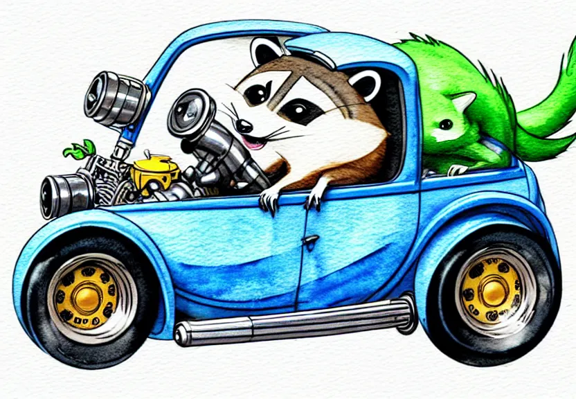 Prompt: cute and funny, racoon riding in a tiny hot rod coupe with oversized engine, ratfink style by ed roth, centered award winning watercolor pen illustration, isometric illustration by chihiro iwasaki, edited by range murata, third person view