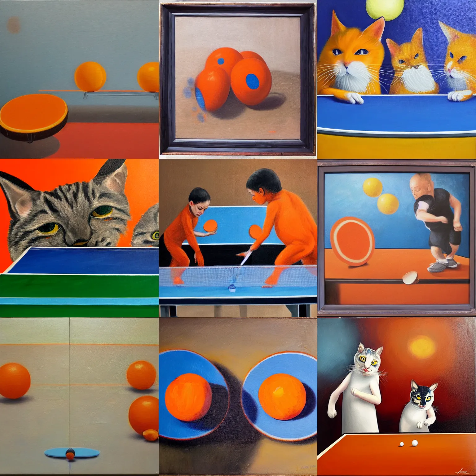 Prompt: Due gatti giocano a ping pong su sfondo arancione, oil painting