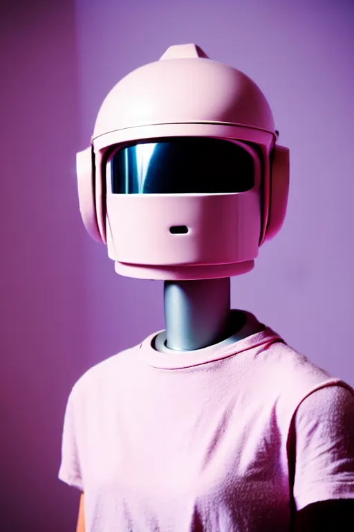 Prompt: a high definition film photograph of a normal androgynous robot human wearing a plain white t - shirt, in a pastel pink room. happy. metal visor covering eyes. reflective chrome coloured helmet. crushed shadows.