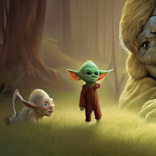 Prompt: the opening scene of the ( andy griffith tv show ) staring baby yoda and gandolf. photorealistic digital art in the style of pixar, epic fantasy, dramatic lighting, cinematic, extremely high detail, cinematic lighting, trending, artstation, cgsociety, 3 d ue 5, 4 k, hq