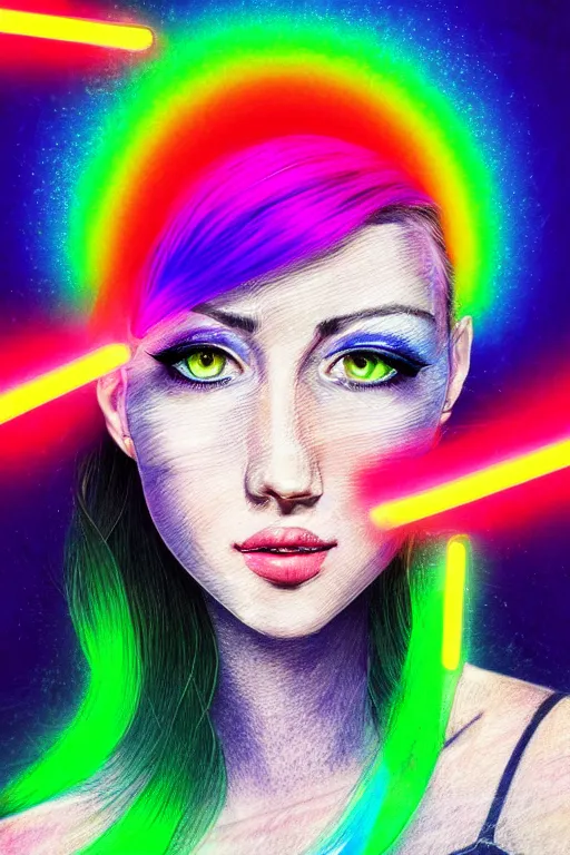 Prompt: a award winning half body portrait of a beautiful woman with stunning eyes in a croptop and cargo pants with rainbow colored hair blowing in the wind, outlined by whirling illuminated neon lines, outrun, vaporware, shaded flat illustration, digital art, trending on artstation, highly detailed, fine detail, intricate