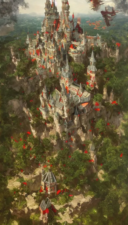 Image similar to castle seen from the sky being attacked by huge red army, cyberpunk, design on white background, beautiful details, lush foliage, drawn by john singer sargent, tom bagshaw, norman rockwell, alphonso mucha, lolish, trending on artstation