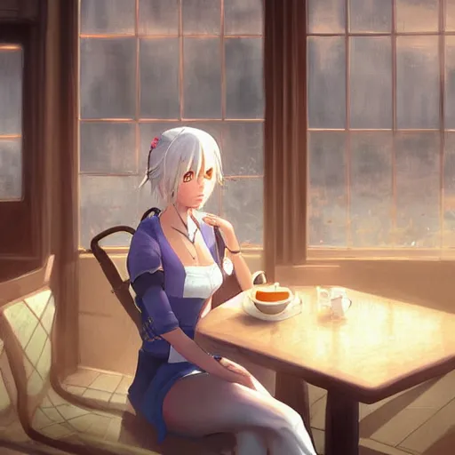 Image similar to Ciri in a cafe in Paris, digital art, by Makoto Shinkai