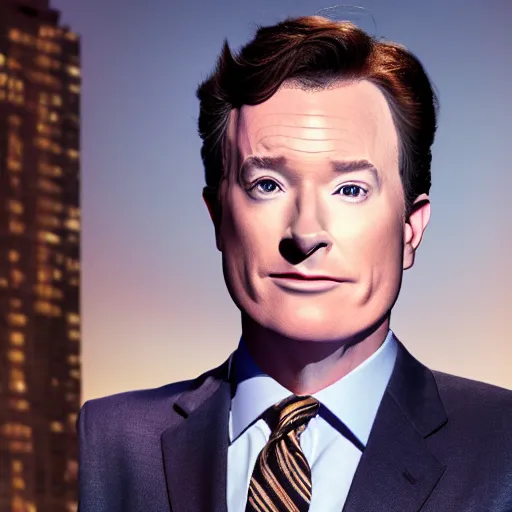 Image similar to photo portrait of the lovechild of conan o'brien, stephen colbert, jimmy kimmel, jimmy fallon, and seth meyers, realistic, hyperrealistic, 8 k resolution, hd quality, very detailed, highly detailed, intricate details, real life, real world, trending on artstation, digital art, really realistic, very realistic, headshot, head in frame, photograph, portrait