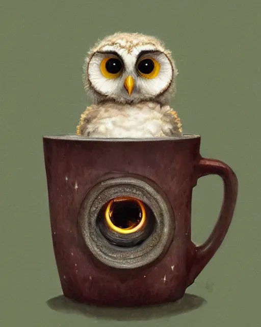 Image similar to long shot of a very cute owl chick nesting in a mug, esao andrews, humorous illustration, hyperrealistic, big depth of field, warm colors, night scenery, low light, 3 d octane render, 4 k, concept art, hyperdetailed, hyperrealistic, trending on artstation