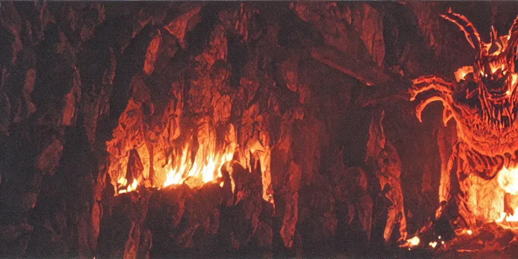 Image similar to A full color still from a Stanley Kubrick film featuring a Balrog made of flames in the fancy mines Moria, practical effects, 35mm, 1975