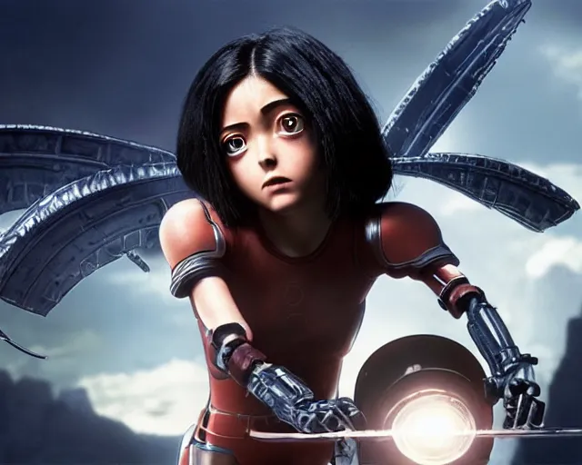 Image similar to a beautiful film still from battle angel alita by panos cosmatos, futuristic, cinematic lighting, highly detailed, photorealistic, high resolution