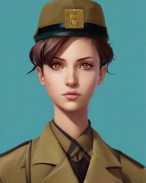 Image similar to portrait bust of young woman with shoulder length light brown hair and hazel eyes dressed in a sharp dark teal military uniform and beret, anime, ilya kuvshinov, greg rutkowski, guweiz, ross tran, loish, svetlana tigai, artgerm, artstation trending, concept art, digital painting