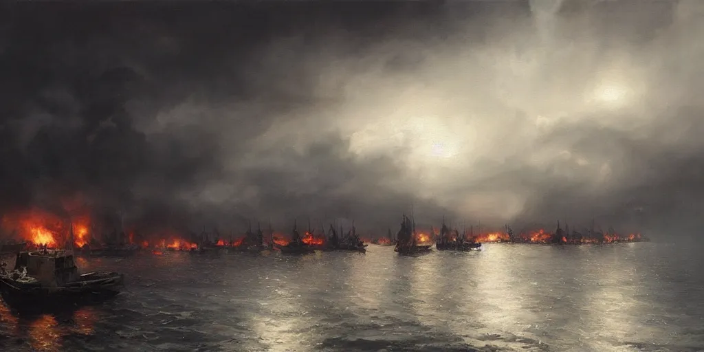 Image similar to Hyper realistic oil painting of a medieval fleet burning, dark smoke rising to the skies, stormy weather, dark clouds, fog, moody cinematic lighting, atmospheric, dark, by Greg Rutkowski, trending on artstation