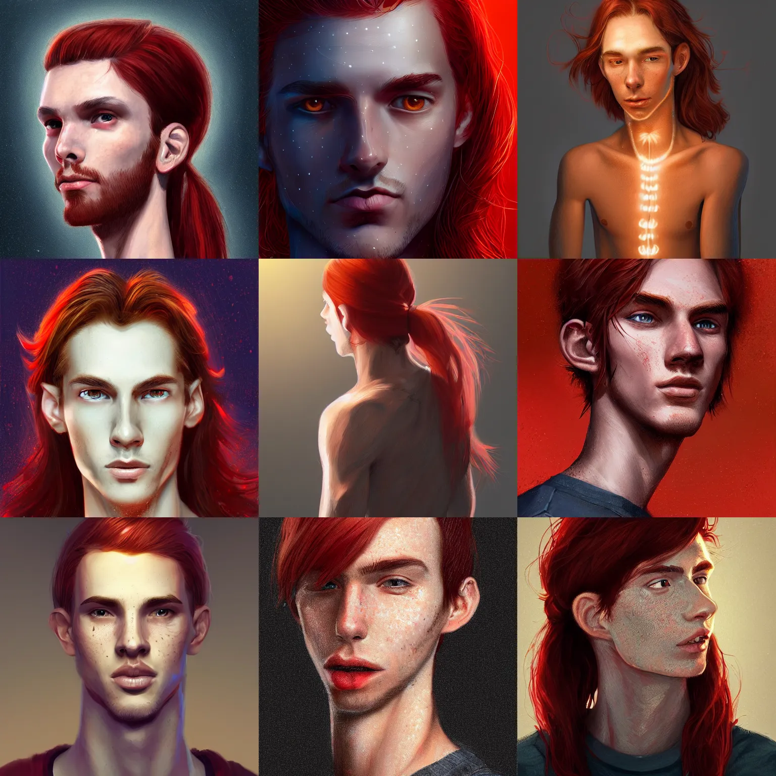 Prompt: portrait of a thin young man with long red hair, ponytail, a lot of freckles on his face, intricate, elegant, glowing lights, highly detailed, digital painting, artstation, concept art, smooth, sharp focus, illustration