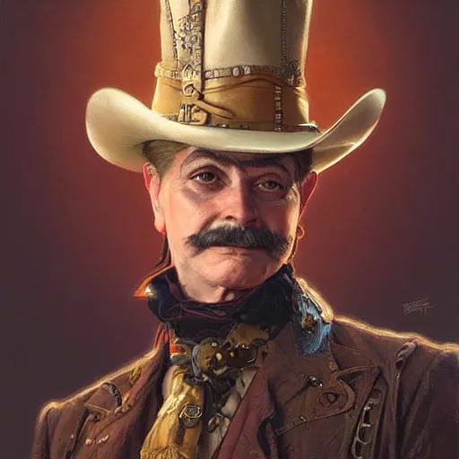 Image similar to charles elmer rip taylor jr, portrait, western, steampunk, flamboyant duster, fantasy, intricate, elegant, highly detailed, digital painting, artstation, concept art, sharp focus, illustration, art by artgerm and greg rutkowski and alphonse mucha