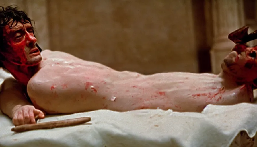 Prompt: 1 9 6 0 s movie still of jean - paul marat a long knife stab his chest in a neoclassical bath full of blood, cinestill 8 0 0 t 3 5 mm, high quality, heavy grain, high detail, panoramic, cinematic composition, dramatic light, ultra wide lens, anamorphic