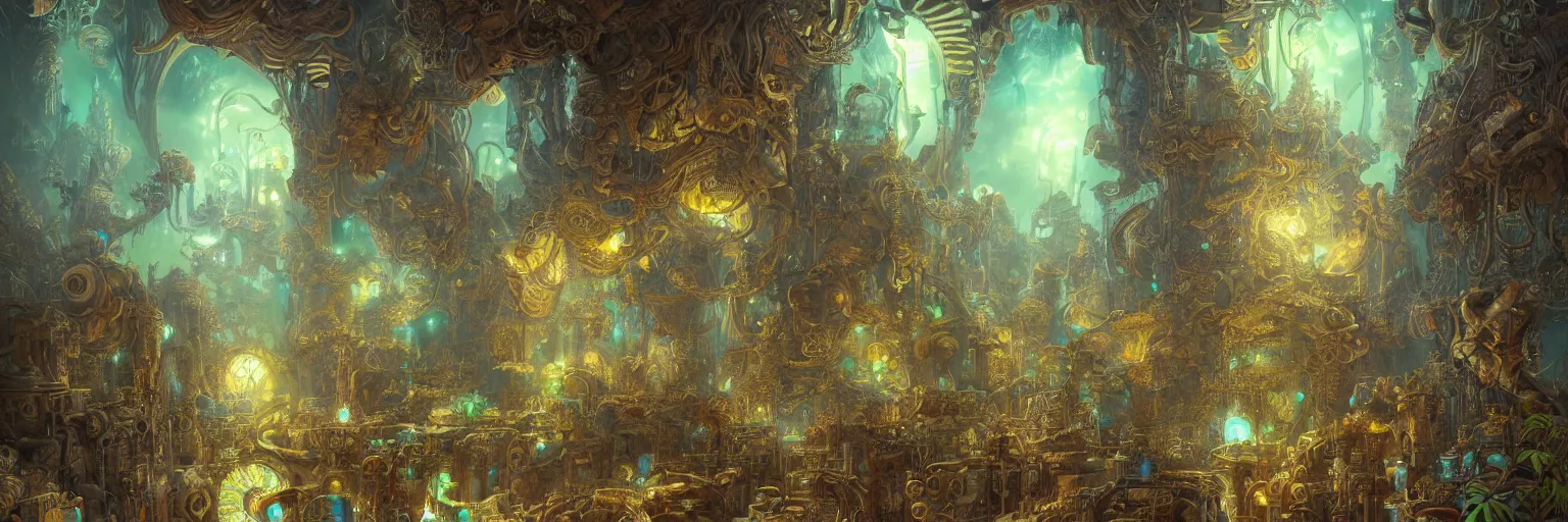 Image similar to Marc Simonetti, Mike Mignola, smooth polished metal with detailed line work, Mandelbulb flowers and trees, Exquisite detail, blue neon details, green neon details, white neon details, hyper detailed, intricate illustration, golden ratio, steampunk, rays of light, mist, neon lights, steampunk desert background, by peter mohrbacher