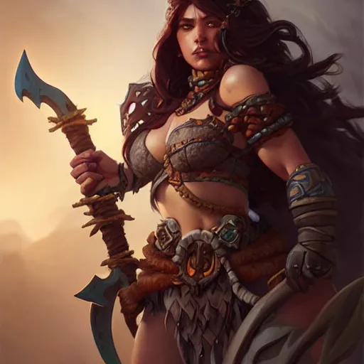 Prompt: barbarian, female, D&D, fantasy, intricate, elegant, highly detailed, digital painting, artstation, octane render, concept art, matte, sharp focus, illustration, hearthstone, art by Artgerm and Greg Rutkowski and Alphonse Mucha