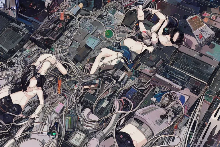 Prompt: a refined cyberpunk illustration of a group of female androids' lying on a white floor with their body parts scattered around and cables and wires coming out, by katsuhiro otomo and masamune shirow, hyper-detailed, colorful, view from above, wide angle, close up