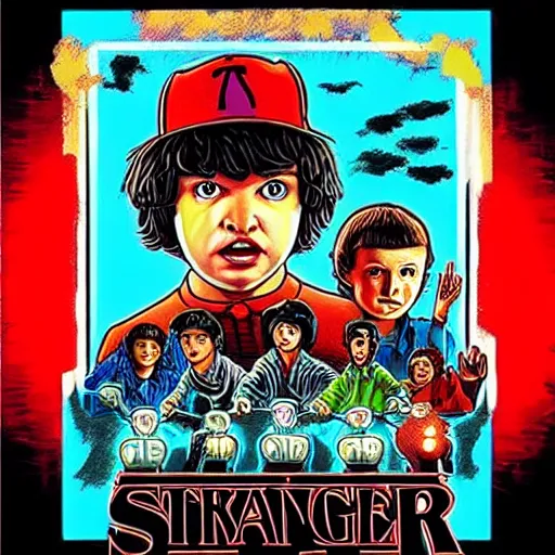 Prompt: stranger things in the style of an alec monopoly painting