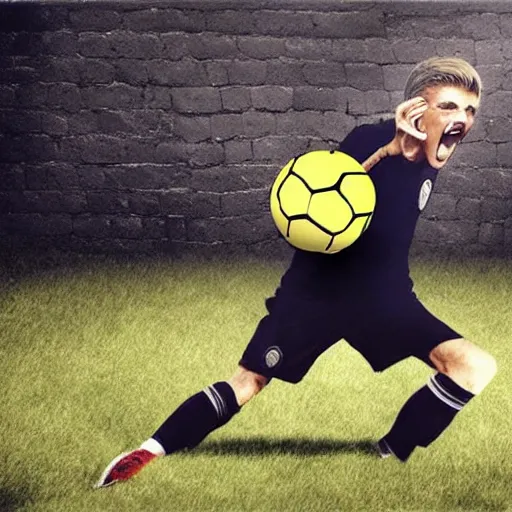 Prompt: man eating soccer ball hyper realistic