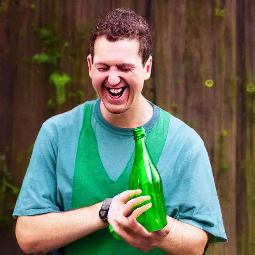 Prompt: stock photo of a man laughing at a green bottle